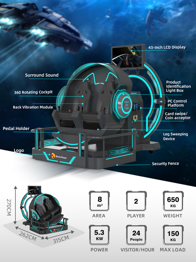 VR 360 2석 9d 롤러코스터 VR 기계 360 회전 VR 영화 360도 비행 의자 시뮬레이터 1